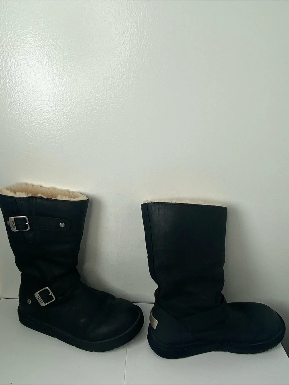 UGG Kensinton Women's Black Leather Moto Shearling-Lined Biker Boots